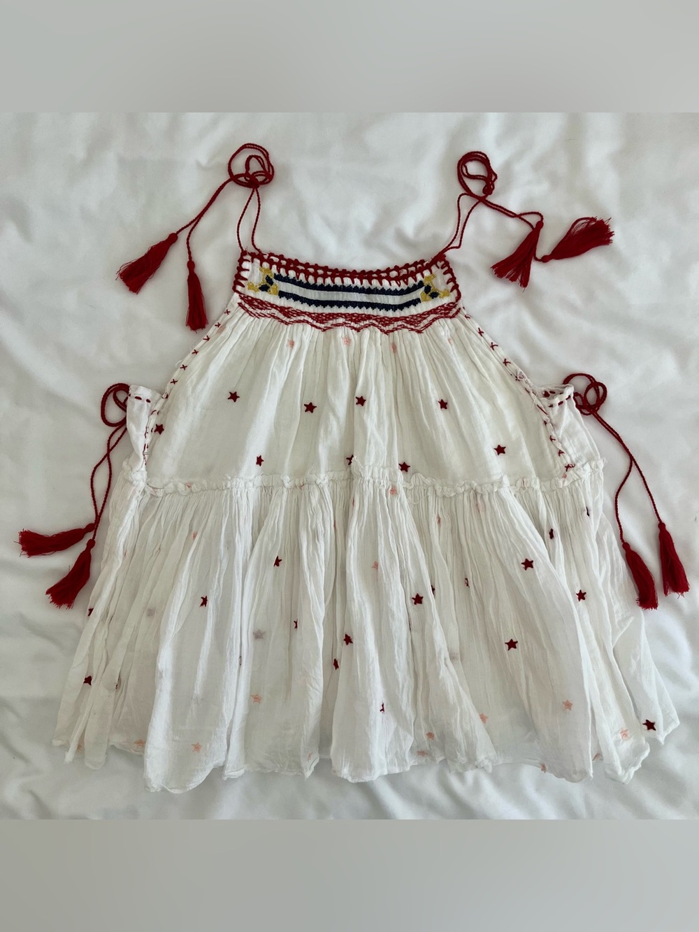 Topshop White Cotton Top with Red Stars and Tassel Straps
